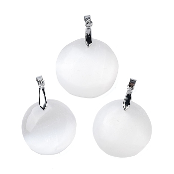 Natural Selenite Pendants, with Platinum Tone Rack Plating Brass Snap on Bails, Flat Round, 42~45x28~34x10mm, Hole: 4x6mm