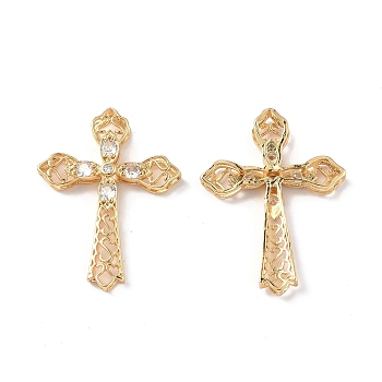 Brass Micro Pave Clear Cubic Zirconia Pendants, with Glass, Cross Charm, Real 18K Gold Plated, 34.5x26x3.8mm, Hole: 1.6x5mm