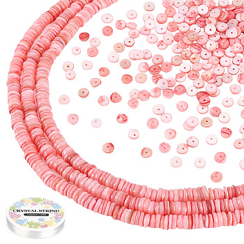 Disc Shell Beads Strands, Dyed, with Elastic Crystal Thread, Pink, 4.9~6x1~6mm, Hole: 1.4mm, about 15.94 inch~16.14 inch(40.5~41cm), 3strands/set