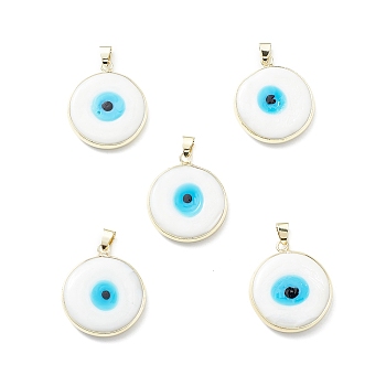 Handmade Evil Eye Lampwork Pendants, with Rack Plating Light Gold Tone Brass Findings, Long-Lasting Plated, Lead Free & Cadmium Free, Flat Round, White, 29.5~30x25.5~26x6.5mm, Hole: 5x4.5mm