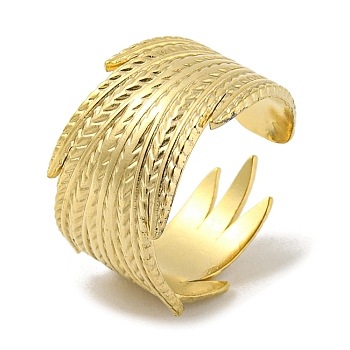 304 Stainless Steel Open Cuff Ring, Feather, Golden, US Size 7 1/4(17.5mm)
