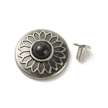 Alloy Decorative Rivets, with Synthetic Turquoise and Iron Screws, for Purse, Bags, Leather Crafts Decoration, Flat Round with Flower Pattern, Black, 20x6.7mm, Hole: 2.5mm