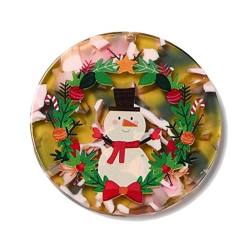 Transparent Christmas Themed Cellulose Acetate(Resin) Pendants, Flat Round Charms, Snowman, 44x3mm, Hole: 1.8mm