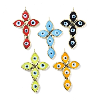 Handmade Lampwork Big Pendants, with Eco-friendly Ligh Gold Brass Findings, Long-Lasting Plated, Cadmium Free & Lead Free, Religion Cross with Evil Eye Charm, Mixed Color, 73.5x47x4mm, Hole: 4.2mm