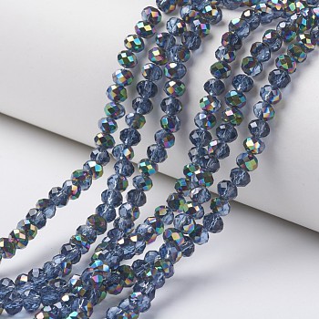 Electroplate Transparent Glass Beads Strands, Half Multi-color Plated, Faceted, Rondelle, Dodger Blue, 4x3mm, Hole: 0.4mm, about 130pcs/strand, 16.54 inch(42cm)