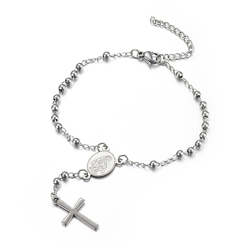 304 Stainless Steel Charm Bracelets, with Lobster Claw Clasps, Cross and Oval with Virgin Mary, Stainless Steel Color, 6-7/8 inch(17.5cm), Cross: 20x12x1mm
