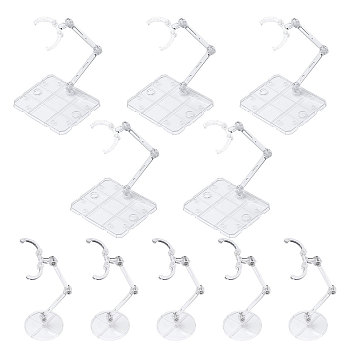 10Pcs 2 Styles Plastic Model Assembled Action Figure Display Holders, Doll Model Support Stands, with Alloy Findings, Rectangle & Round, Clear, 73~49.5x49.5~93x110~140mm, 5pcs/style