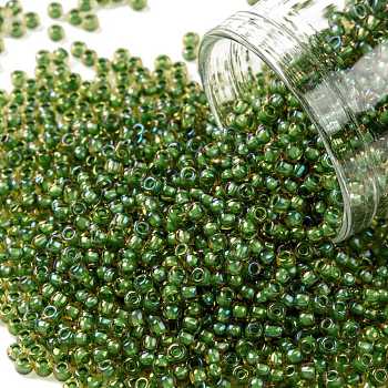 TOHO Round Seed Beads, Japanese Seed Beads, (393) Inside Color Topaz/Opaque Green Lined, 11/0, 2.2mm, Hole: 0.8mm, about 1110pcs/10g