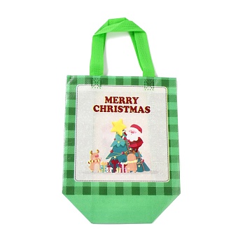 Christmas Theme Laminated Non-Woven Waterproof Bags, Heavy Duty Storage Reusable Shopping Bags, Rectangle with Handles, Lime, Christmas Themed Pattern, 11x22x23cm