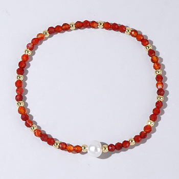 Natural Carnelian Beaded Stretch Bracelets for Women, with Pearl Bead, Inner Diameter: 6-7/8 inch(17.5cm)