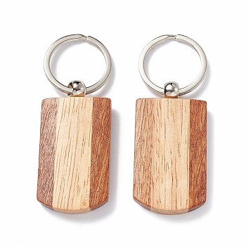 Wooden Keychain, with Stainless Steel Key Rings, Rectangle, Bisque, 8.3cm