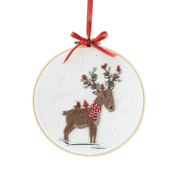 Embroidery Starter Kits, including Embroidery Fabric & Thread, Needle, Instruction Sheet and Imitation Bamboo Embroidery Hoop, Christmas Theme, Deer, 300x300mm