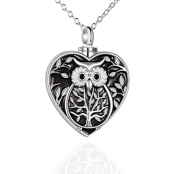Alloy Heart with Owl Urn Ashes Pendant Necklace with Enamel, Memorial Jewelry for Men Women, Platinum, 17.72 inch(45cm)