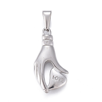 Valentine's Day 304 Stainless Steel Pendants, Hand with Heart & Word Love, Stainless Steel Color, 35x17x5mm, Hole: 3.5x9.5mm