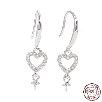 Rhodium Plated 925 Sterling Silver Earring Hooks, with Clear Cubic Zirconia, Heart, for Half Drilled Beads, Platinum, 30mm, 21 Gauge, Pin: 0.7mm and 0.6mm, Tray: 6x3mm