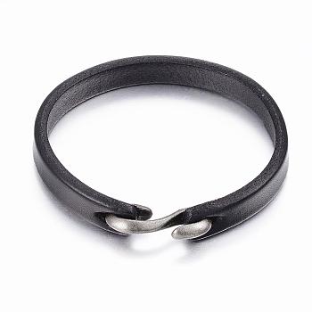 Cowhide Leather Bracelets, with Alloy S-Hook Clasps, Antique Silver, Black, 7-7/8 inch(200mm), 10mm