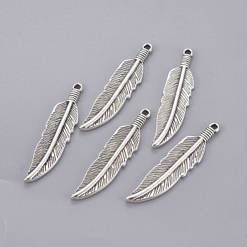Tibetan Style Alloy Charms, Lead Free & Cadmium Free & Nickel Free, Feather, Antique Silver, 42x10x2mm, Hole: 2mm