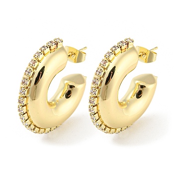 Brass Micro Pave Cubic Zirconia Donut Stud Earrings, Half Hoop Earrings, Real 18K Gold Plated, 26.5x7.5x29mm