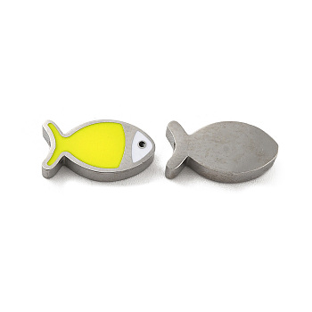 304 Stainless Steel Beads, with Enamel, Stainless Steel Color, Fish, Yellow, 7x13.5x3mm, Hole: 1.8mm