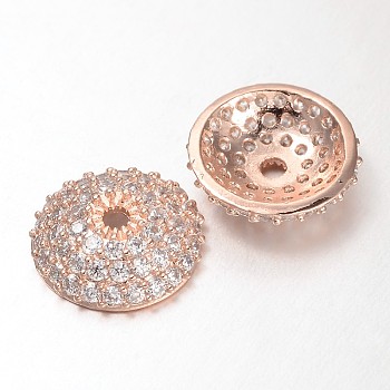 Apetalous Half Round/Dome Brass Micro Pave Cubic Zirconia Bead Caps, Rose Gold, 11x3mm, Hole: 1mm