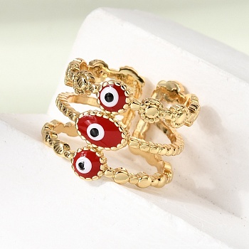 Brass Enamel Evil Eye Open Cuff Rings for Women, Rack Plating, Long-Lasting Plated, Lead Free & Cadmium Free, Real 18K Gold Plated, Red, 15mm, Inner Diameter: 17mm