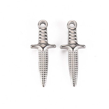 304 Stainless Steel Pendants, Dagger, Stainless Steel Color, 24x9x4mm, Hole: 1.4mm