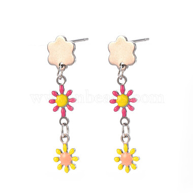 Deep Pink Flower Stainless Steel Stud Earrings