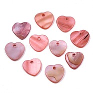 Natural Freshwater Shell Charms, Dyed, Heart, Flamingo, 12.5x13x2mm, Hole: 1.5mm(SHEL-R113-17G)