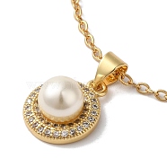 304 Stainless Steel Pendant Necklaces, with Cubic Zirconia and Acrylic Imitation Pearl, Flat Round, Golden, 17.71 inch(45cm), Pendant: 18x12x8.5mm(NJEW-H486-16G-1)