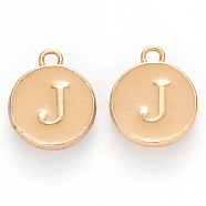 Golden Plated Alloy Enamel Charms, Cadmium Free & Lead Free, Enamelled Sequins, Flat Round with Letter, Wheat, Letter.J, 14x12x2mm, Hole: 1.5mm(X-ENAM-S118-06J)