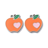 304 Stainless Steel Charms, with Enamel, Apple with Heart Charm, Stainless Steel Color, 14.5x13x1.5mm, Hole: 1.5mm(STAS-C083-19P-01)