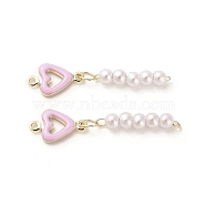Rack Plating Brass Enamel Heart Links Connector Charms, with ABS Plastic Imitation Pearl Beads, Real 18K Gold Plated, Pink, 30.5mm, Hole: 1mm(KK-M266-24G)