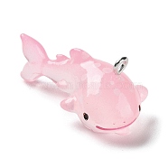 Sea Animal Theme Opaque Resin Pendants, Shark Charms with Platinum Tone Iron Loops, Pink, 14x16x31.5mm, Hole: 2mm(RESI-D071-04C)