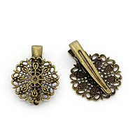 Alligator Hair Clip Findings, with Brass Filigree Trays and Iron Alligator Clips, Antique Bronze, 33~35x25x9mm(X-PHAR-E011-06AB)