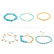 6Pcs 6 Style Alloy Flower Charm Bracelets Set, Synthetic Turquoise Chips Beaded Stretch Stackable Bracelets, Golden, 6-3/4~9-1/4 inch(17.1~23.6cm), 1Pc/style(BJEW-FI0001-79)