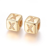Brass Micro Pave Cubic Zirconia European Beads, Horizontal Hole, Large Hole Beads, Long-Lasting Plated, Cube with Letter, Golden, Clear, Letter.X, 9x9x9.5mm, Hole: 4.5mm(ZIRC-G162-13G-X)