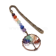 4Pcs Tree of Life Gemstone Beaded Bookmarks, with Tibetan Style Carved Alloy Stick, Daily Supplies, with 1Pc Rectangle Velvet Pouches, Antique Bronze, 97mm(AJEW-SZ0002-32)