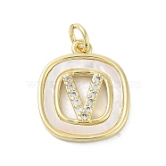 Rack Plating Brass Micro Pave Clear Cubic Zirconia Pendants, with Shell, Cadmium Free & Lead Free, Long-Lasting Plated, Real 18K Gold Plated, with Jump Ring, Letter V, 17.5x15x2.5mm, Hole: 3mm(KK-E102-33G-V)