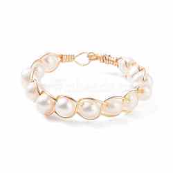 Natural Pearl Braided Finger Ring, Wire Wrapped Ring for Women, Real 18K Gold Plated, Seashell Color, US Size 10 3/4(20.3mm)(RJEW-JR00430)