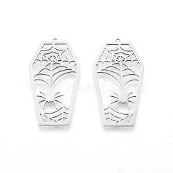 Halloween 201 Stainless Steel Pendants, Laser Cut, Coffin with Spider, Stainless Steel Color, 45x24x1mm, Hole: 1.5mm(STAS-N090-LA979-1)
