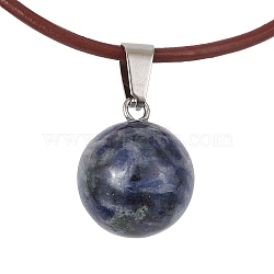 Natural Blue Spot Jasper Round Pendant Necklaces, with Cowhide
 Ropes, 20.47 inch(52cm)(NJEW-JN04478-03)