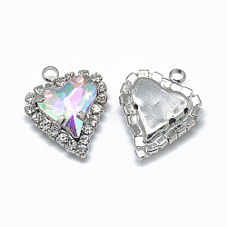 Glass Rhinestone Pendants, with Platinum Tone Brass Findings, Heart, Crystal AB, 21x16.5x6mm, Hole: 2mm(RGLA-T128-12x13-03P)