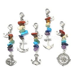 Anchor Tibetan Style Alloy Pendant Decorations, Chakra Gemstone Chips and Lobster Claw Clasps Charm, 75~80mm, 5pcs/set(HJEW-JM01225-01)