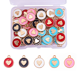 50Pcs 5 Colors Alloy Enamel Charms, Light Gold, Flat Round with Heart, Mixed Color, 14x11.5x2mm, Hole: 1.6mm, 10pcs/color(ENAM-CJ0001-86)