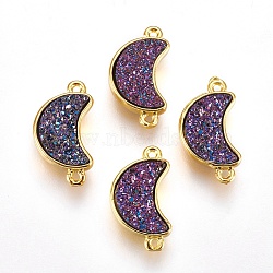Brass Links connectors, with Druzy Resin, Moon, Golden, Old Rose, 18.5~19x10~10.5x3.5~4mm, Hole: 1mm(KK-O107-15G-L)