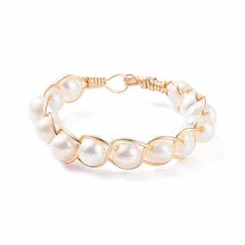 Natural Pearl Braided Finger Ring, Wire Wrapped Ring for Women, Golden, Seashell Color, US Size 10 3/4(20.3mm)
