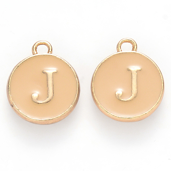 Golden Plated Alloy Enamel Charms, Cadmium Free & Lead Free, Enamelled Sequins, Flat Round with Letter, Wheat, Letter.J, 14x12x2mm, Hole: 1.5mm