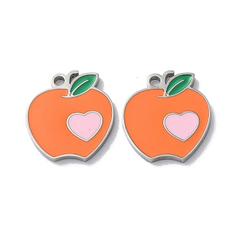 304 Stainless Steel Charms, with Enamel, Apple with Heart Charm, Stainless Steel Color, 14.5x13x1.5mm, Hole: 1.5mm