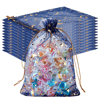 50Pcs Gold Stamping Moon & Star Organza Drawstring Gift Storage Bags, Rectangle, Marine Blue, 18x13cm