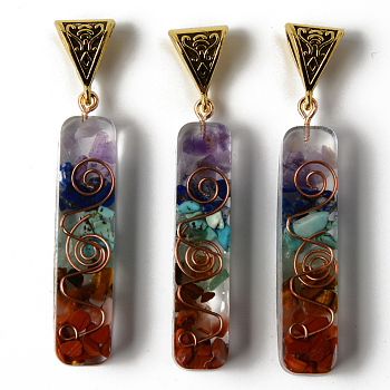 Rectangle Epoxy Resin Big Pendants, with Natural Amethyst & Lapis Lazuli & Sodalite & Green Aventurine & Tiger Eye & Carnelian & Red Jasper Chips inside, and Iron Wire, Alloy Bails, 50.5~51.5x10~11x8~9mm, Hole: 4.5x9mm